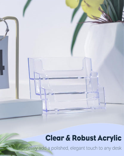 Uniclife 4 Pack Acrylic Business Card Holder for Desk 3 Slots Clear Business Card Display Stand for Men & Women Desktop Business Card Organizer Card Stand for Office Home Exhibition, 180 Card Capacity