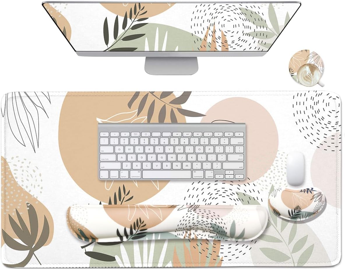 4-in-1 Large Mouse Pad, Keyboard Wrist Rest Pad & Wrist Support Mousepad Set, Extended Desk Pad Waterproof Desk Mat for Home Office Study Game - Leave