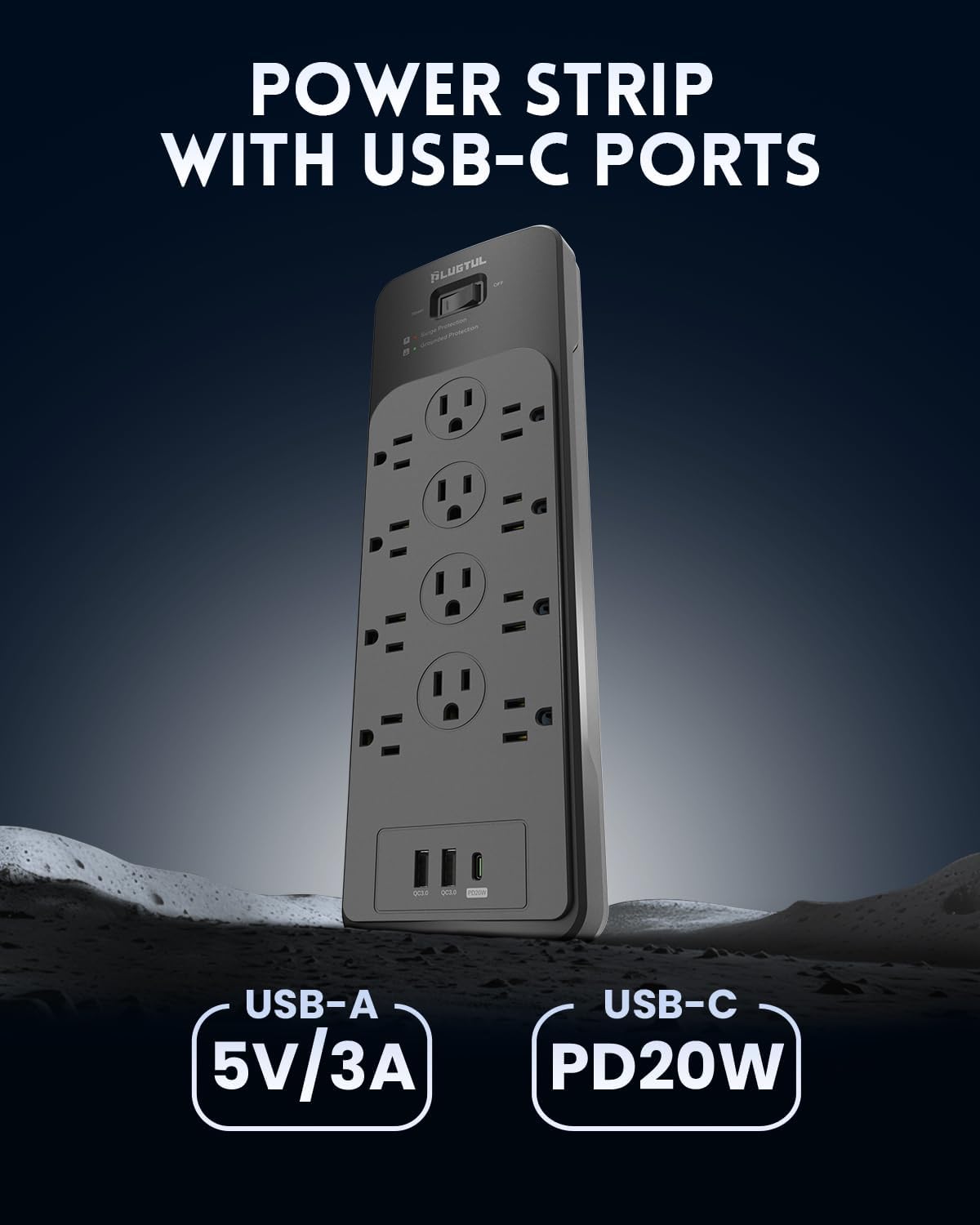 Surge Protector Power Strip 5FT(4080J), Black Surge Protector with 12 Outlets - Spacious Design for Large Plugs, Flat Plug, 20W USB C Charging for Home, Office, ETL Listed