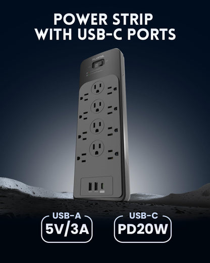 Surge Protector Power Strip 25FT(4080J), PLUGTUL Surge Protector with 12 Outlets - Spacious Design for Large Plugs, Flat Plug, 20W USB C Charging for Home, Office, ETL Listed