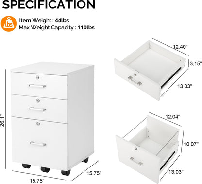 VINGLI 3-Drawer File Cabinet with Lock, Wood Rolling Filing Cabinets for Home Office, Mobile Printer Stand, Under Desk File Organizer for Letter Sized Files, 26" H(Caster Included), White