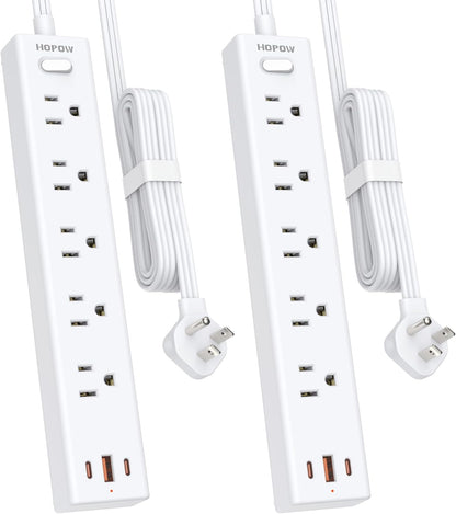 Power Strip Surge Protector, 2 Pack, 6 Ft Ultra Thin Flat Extension Cord, Surge Protector with 5 Outlets & 3 USB Ports (2 USB C), 1700 Joules, 3-Prong, Wall Mount for Home Office Dorm, White