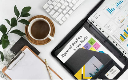 Yodo Zippered Portfolio 3-Ring Binder Business PU Leather Portfolio Interview Resume Legal Document Organizer Notepad Folder Padfolio for Men Women