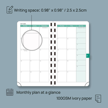 POPRUN 2026 Pocket Planner (Slim Size 3.5" x 6.5") Weekly and Monthly Calendar for Purse, with Hourly Time Slots, 100GSM Thick Paper, Spiral Soft Cover, Pen Holder - Grey