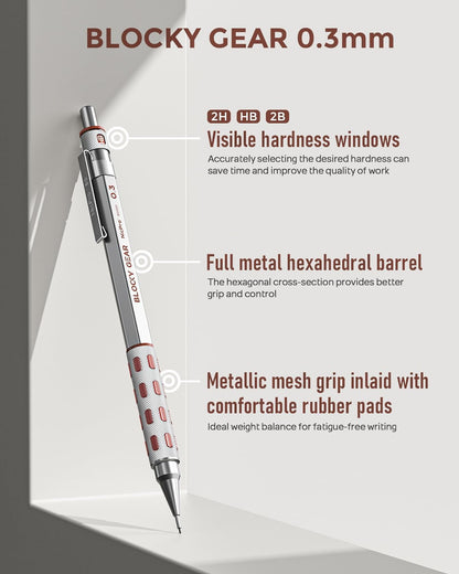 Nicpro Blocky Gear 0.3 mm Mechanical Pencils Set in Case, Metal Pencil with Lead Refills, Eraser for Professional & Adult Art Writing Drafting Drawing