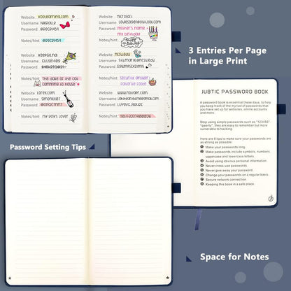 JUBTIC Password Book with Alphabetical Tabs Small Password Keeper with Inner Pocket Record Log in Internet Address Password Notebook Journal Hardcover Password Organizer for Home Office, Blue