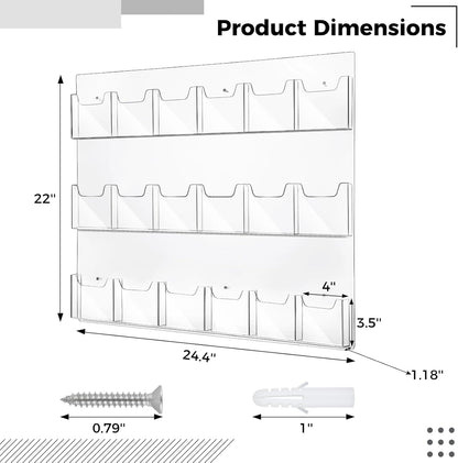 18 Pockets Acrylic Brochure Pamphlet Holder Wall Mount, 4 inches Pocket Brochure Display Stand, Pamphlet Display Stand Wall Mount, Clear Plastic Trifold Flyer Rack Literature Holder