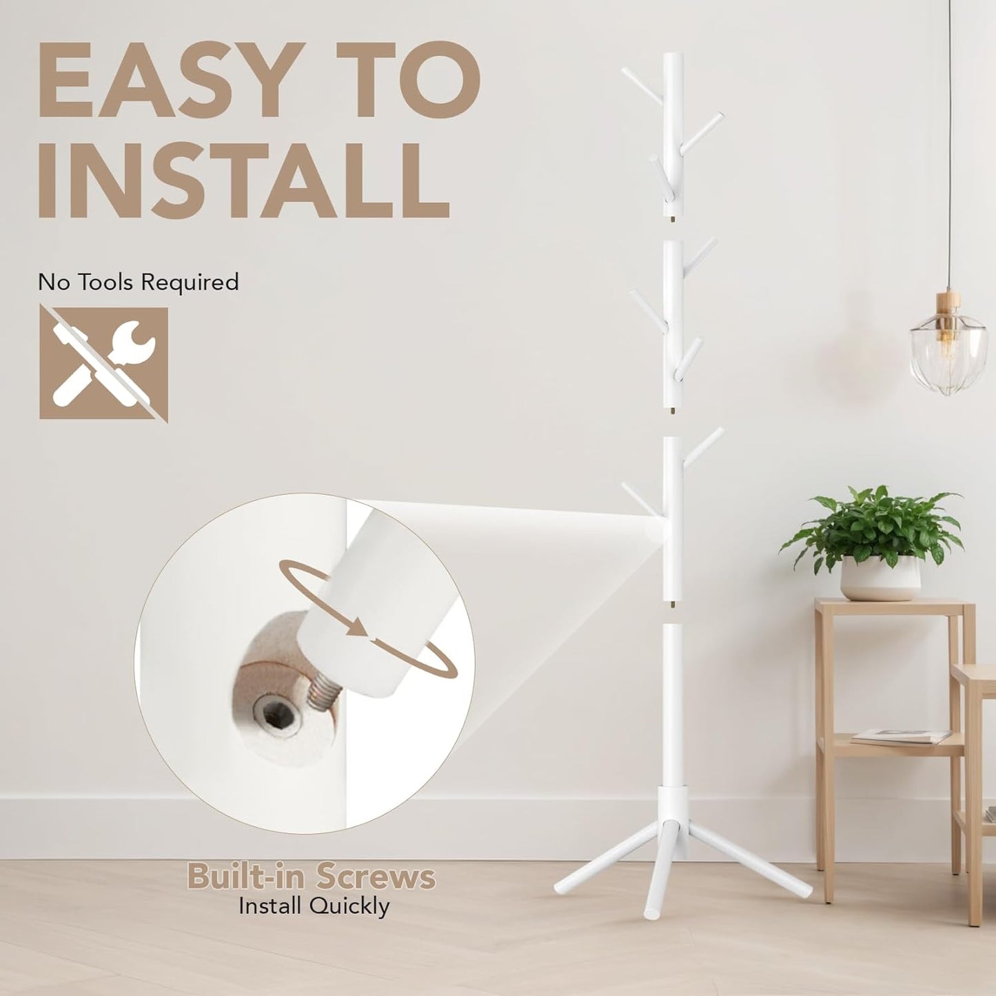 Wooden Tree Coat Rack Stand,Sturdy Freestanding Coat Rack with 8 Hooks,3 Adjustable Height for Child Adult,Wood Coat Stand Tree Fits Entryway Bedroom Office for Bags,Hats, 2 Pack