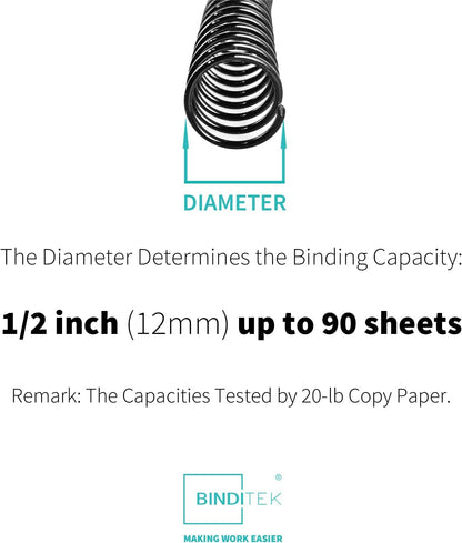 Binditek 50 Pack Plastic Spiral Binding Coils, 12mm(1/2"), 90 Sheet Capacity, 4:1 Pitch, Black, 48Loops, for Letter Size, for Students and Coworkers