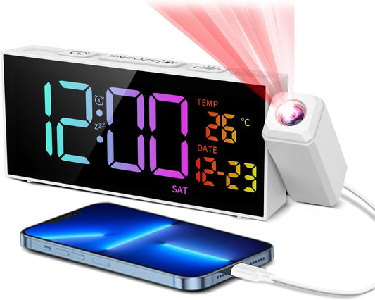 Netzu Projection Clock for Bedroom Ceiling, Alarm Clocks with 180° Rotatable Projector, Date Temperature and Weekday, Manual DST, 5 Brightness, 10 Ringtones, 4 Volumes (White RGB)