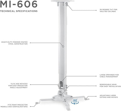 Mount-IT! Projector Ceiling Mount [30 lbs Capacity] Universal Bracket | 360 Full Motion with Tilt and Swivel Rotate | Adjustable Pole Height from 21-34.5 Inches, Extendable Arms (White | Long)
