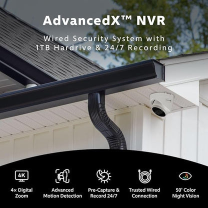 Swann AdvancedX™ Wired NVR 4K Security Camera System, 8 Channels, 4 PoE Dome Cameras Outdoor, 1TB HDD Storage, Color Night Vision, Smart AI Video Analytics/Alerts, Advanced Motion Detect