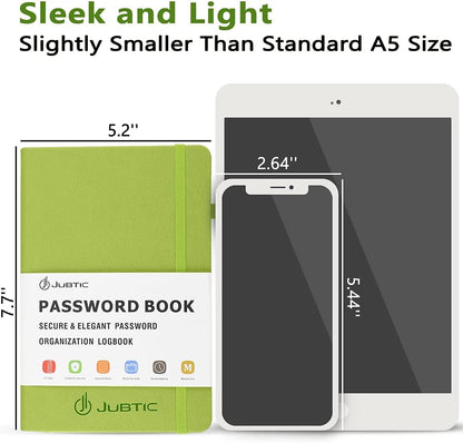 JUBTIC Password Book with Alphabetical Tabs Medium Size Password Keeper Logbook for Internet Log in Website Address Detail. Hardcover Password Notebook Journal & Organizer for Home Office, Green