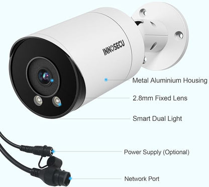 PoE Camera 4MP, Bullet Security Surveillance Camera, Outdoor Waterproof IP67, Smart Dual Light Color Night Vision, 2.8mm Lens Wide Angle 110°, Built-in Mic, Human&Vehicle, INB4FD49E (White)