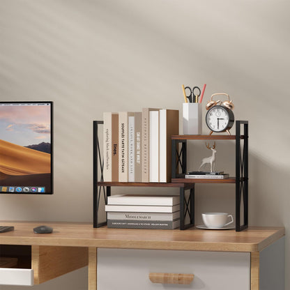 Desktop Shelf Organizer,Small Bookshelf for Office,Wood Desk Top Shelves, Office Organization and Storage (Brown)