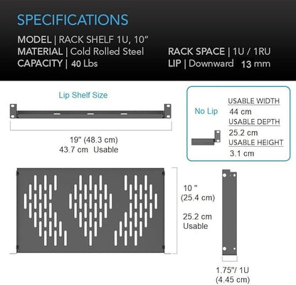 Beiyier 2PCS 1U Universal Server Rack Shelf, 10" Deep Vented Cantilever Mount Tray, for 19” Network Equipment Rack & Cabinet (Black)
