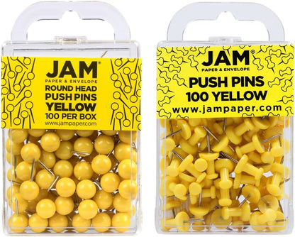 JAM PAPER Colorful Push Pins - Flat & Round Head Thumb Tack Combo Set - Yellow Pushpins - 200/Pack