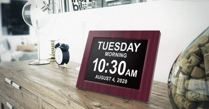 American Lifetime, Upgraded Version, Day Clock Extra Large Impaired Vision Digital Clock with Battery Backup and 5 Alarm Options, Premium Mahogany Color, 8 inch