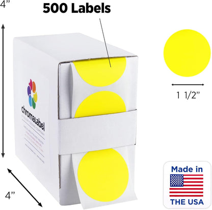 ChromaLabel 1.50 Inch Round Label Permanent Color Code Dot Stickers, 500 Labels per Dispenser Box, Yellow