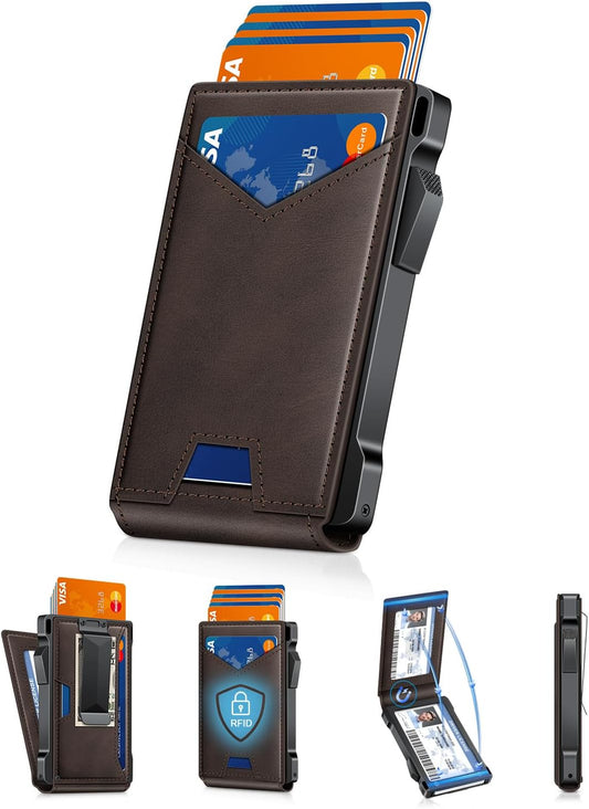 Wallet for Men RFID Wallet with 2 ID Windows & Money Clip, Slim Pop Up Card Holder for 10-12 Cards, Bifold Minimalist Smart Wallet for Front Pocket, Compact Metal Credit Card Holder, Gifts for Men