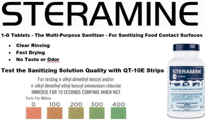 Pack of 4 (600 Tab) Steramine Sanitizing Tablets w/ 30x QT-10 Test Strips by FryOilSaver Co., Steramine Multi Purpose Contact Solution Sanitizer Tablets for Gym, Hotel, Bar, Restaurants & Food Service