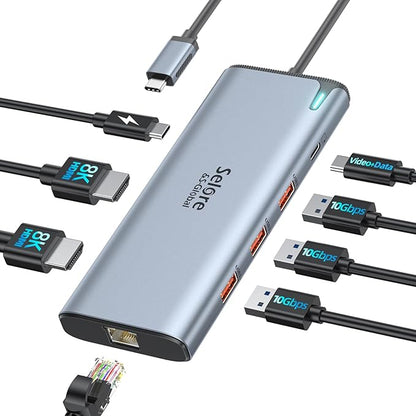 Docking Station USB C Video,8K Laptop Docking Station Dual Monitor 8K@60Hz 2*HDMI,USB-C Hub with USBC Video Output,4 * 10Gbps USB Port,Ethernet,100W PD for Portable Monitor,MacBook Pro/Air,Dell,HP