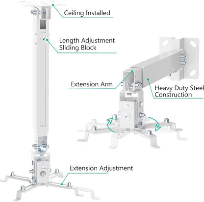 WALI Projector Mount Ceiling/Wall - Universal 3-in-1 Bracket with Extension Pole, Height Adjustable Holder for LCD/DLP Projectors, Supports up to 44lbs, White (PM-003-W)