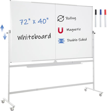FORTUNO Large Magnetic Mobile Whiteboard 72"x40", Rolling Double Sided Stand Whiteboard on Wheels, Reversible Adjustable Height/Angle Dry Erase Board Easel White Board for Office Classroom