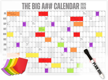 The Big A## Calendar Mid-Year Wall Planner – July to June Dry-Erase – Includes 1 Markers & 100 Labels – Lightweight, Easy to Hang Yearly Planner – Plan Goals & Adventures – Gray, 4’x3’