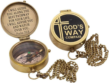 God's Way Solid Brass Engraved Compass - Psalm 32:8, Directional, Baptism & First Communion Gifts for Boys & Girls, Christian Gifts for Men & Boys