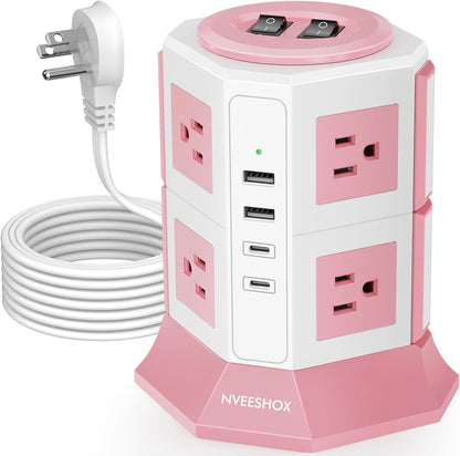 NVEESHOX Surge Protector Power Strip Tower, 10 Feet Ultra Flat Extension Cord with 12 AC Outlets 5 USB Ports(2 Type C), Desktop Charging Station, Flat Plug Outlet Extender for Home Office Dorm