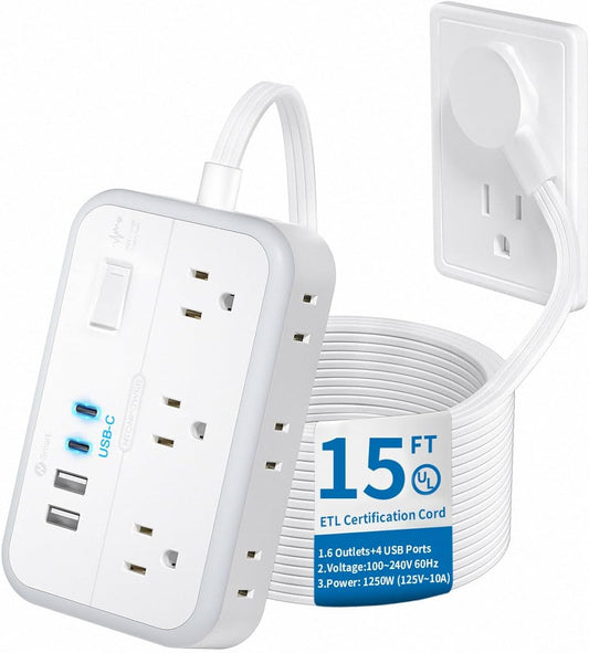 Flat Extension Cord 15 ft, NTONPOWER Surge Protector Power Strip with 6 Widely Outlets 4 USB Ports(2 USB C), Flat Plug, Wall Mounted, Side Outlet Extender for Indoor, Home Office, Dorm Room Essentials