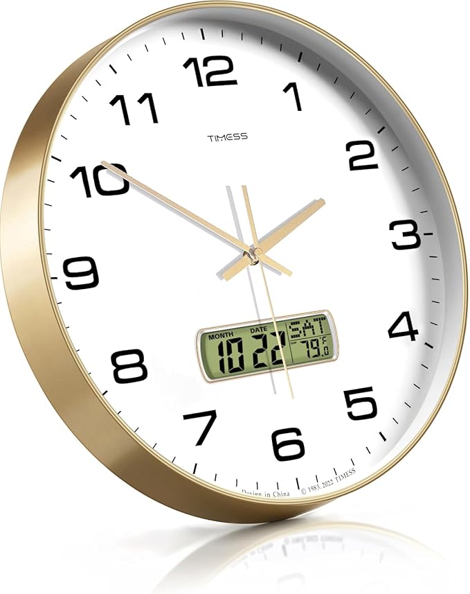 Wall Clock, 10" Dial Non-Ticking Silent Battery Operated Analog with LCD Display for Perpetual Calendar and F° Temperature, Ideal Modern Home, Bedroom, Kitchen, Office Decor (Gold)