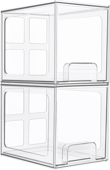 Vtopmart 2 Pack Stackable Storage Drawers, 6.6''Tall Acrylic Bathroom Makeup Organizers,Clear Plastic Storage Bins For Vanity, Undersink, Kitchen Cabinet,Pantry Organization and Storage