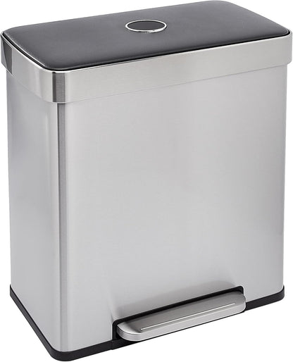 Amazon Basics Dual Compartment Recycling Trash Can with Soft-Close Lid and Removable Liner Buckets, 60 Liters, Rectangular, Grey, Silver