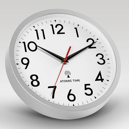 Atomic Wall Clock Analog 12 Inch Battery Operated Modern Decorative for Living Room Kitchen Office Bedroom Bathroom(Silver)