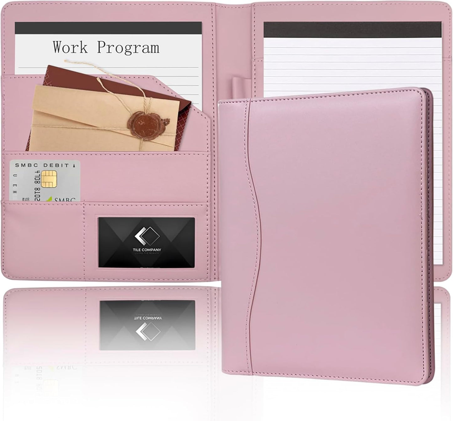 Leather Portfolio Binder 5 x 8, Mini Soft Leather Padfolio A5 Business Binder Legal Writing Pad Junior Size Document Organizer for Present Gift Kid Men Women Pink