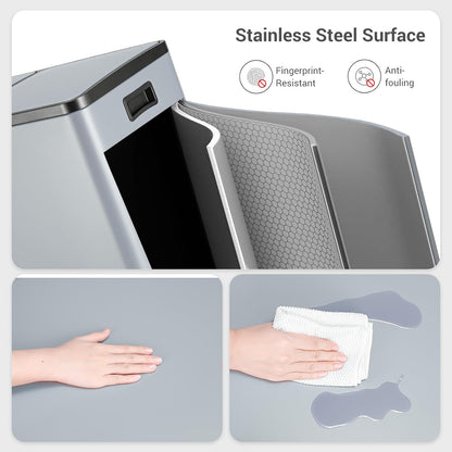 Arlopu 16 GallonStainless Steel Trash Can, 60L Dual Compartment, Metal Kitchen Step Recycle Bin, Metal Double Dustbin, in-Home Garbage Rubbish Can W/Removable Liner Buckets (Haze Blue)