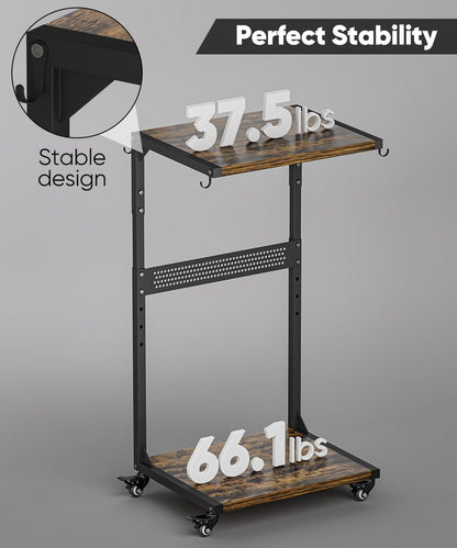 Computer Tower Stand, 2-Tier Metal CPU Holder Stand with Lockable Wheels, Adjustable Under Desk PC Shelf, Mobile Rolling Computer Cart for Home, Office, Gamers and Students, Black