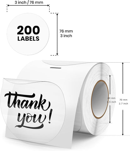 Clear Thermal Labels Round Vinyl 3 Inch Transparent Direct Printer Label Circle Self Adhesive Waterproof Decals Roll for Home Office Business QR Code Seal DIY Logo 200 PCS