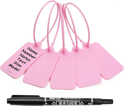 100 Pink Blank Plastic Tags for Labeling Waterproof Hanging Labels Writable Tags Seal Plastic Marking Label for Clothes Bags Keys Inventory with One Marker Pen