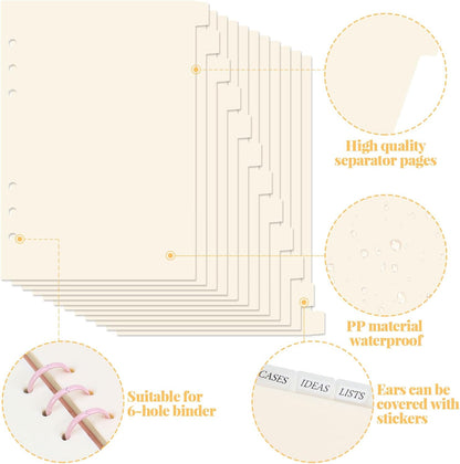 A5 Plastic Binder Dividers 6 Holes Durable Plastic Tab Dividers for 6-Ring Binders, Notebooks, Planners, 5.7x8.3 inch (Beige, 12 tab)
