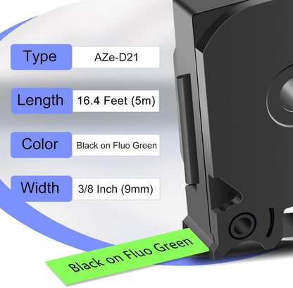 2 Pack Compatible for Ptouch TZe-D21 TZ-D21 TZe TZ Label Tape 9mm 0.35'' Laminated Black on Fluo Green Tape Label Maker Tape for PT-9700PC PT-1880 PT-1230PC PT-1280 PT-1800 PT-1830