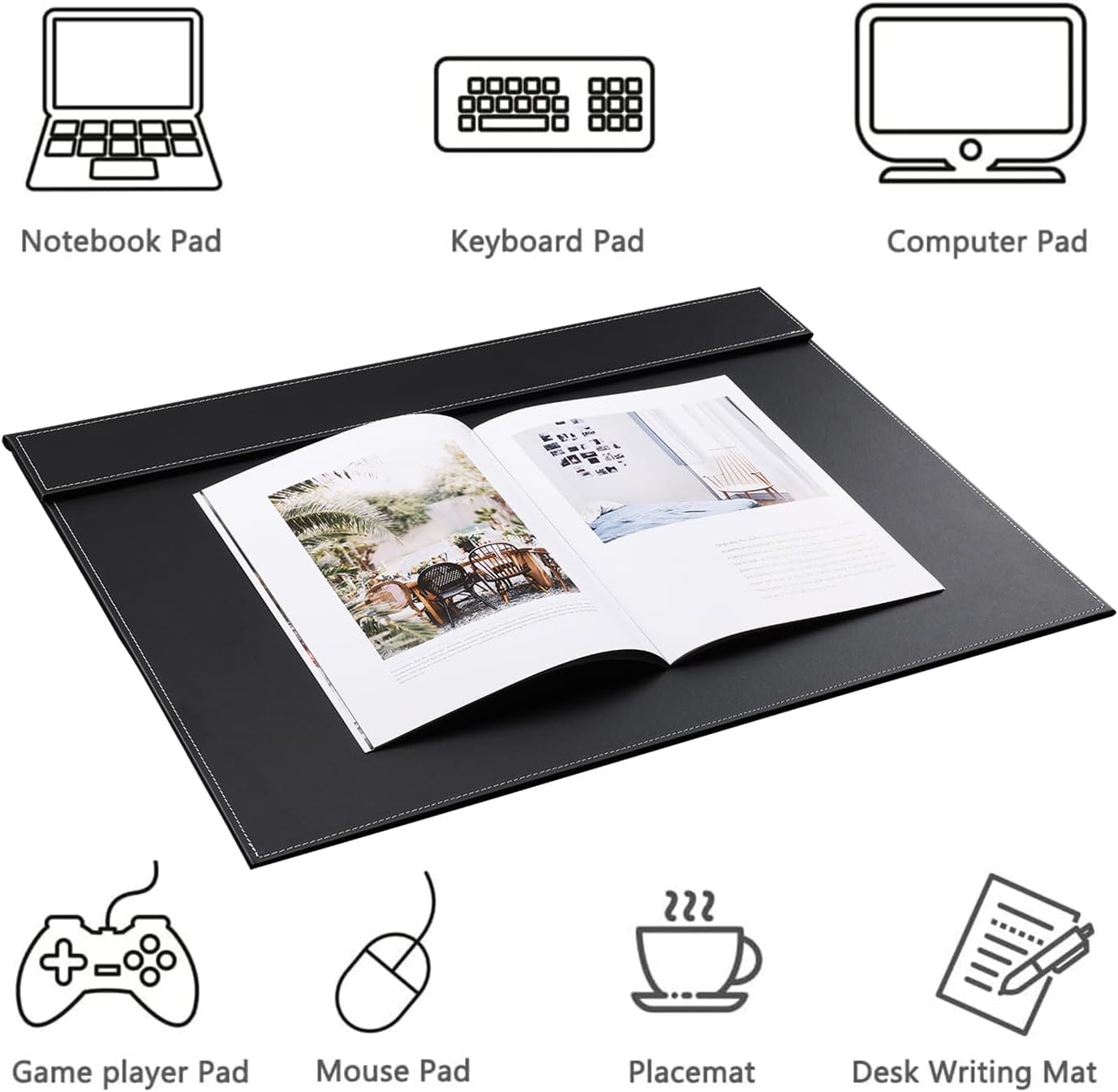 KINGFOM Ultra-Smooth PU Leather Desk Pad & Mat Office Desk Drawing & Writing Board A3/ A4 File Paper Clip Table Protector Mat on Top Large 24''x18'' (Black)