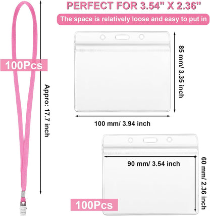 Marspark 100 Sets Clear Name Tags with Lanyard, Lanyards for ID Badges Reusable Strap with ID Holder Plastic Name Badges for Adults Business School Church Conference (Pink)