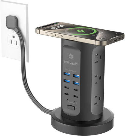 Power Strip Tower, kakyanill Surge Protector Tower 10 AC Outlets 8 USB (4 USB C), 6 Ft Retractable Extension Cord, Charging Station for Office Dorm Room, Black