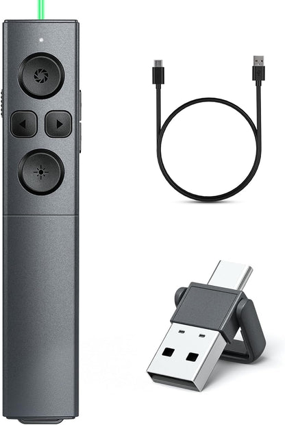 2 in 1 USB Type C Presentation Clicker with Green Light Pointer, Rechargeable Presentation Clicker Wireless Presenter Remote Clicker, 2.4GHz Clicker for Powerpoint Presentations, Google Slide Advancer