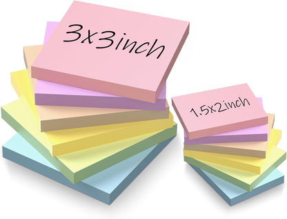 Sticky Notes 3x3in + 2x1.5in Small Sticky Note, 12 Pack 6 Colors Self-Sticky Note Pads | Sticks Strong & Removes Clean | Recycled Paper Cute Sticky Notes to School Supplies, Office Products