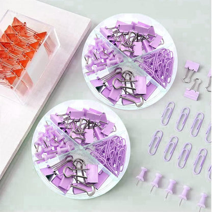 Purple Paper Clips and Binder Clips Set, 216 pcs, Metal Assorted Sized Binders with Push Pins, Cute Office Supplies for Desk, Durable Desk Accessories, 3 Pack