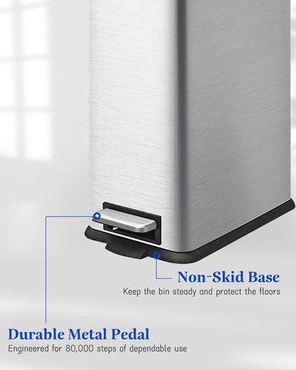 Rubbish Bin with Lid, 10 L, Stainless Steel Waste Bin, Bathroom, Pedal Bin, Stainless Steel for Bathroom, Bedroom and Office
